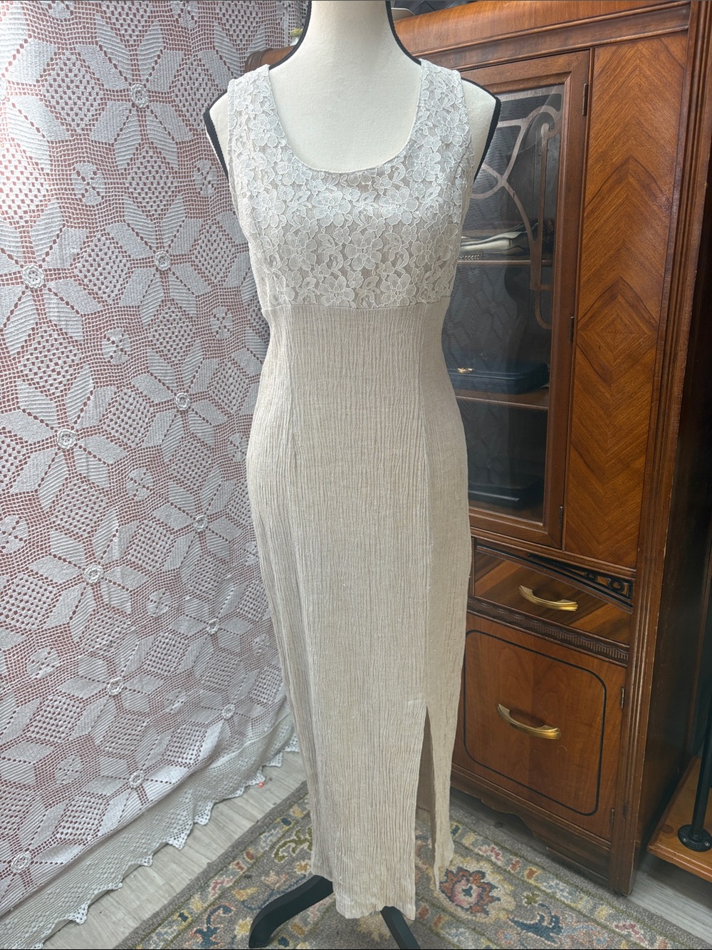 Vintage Pariscope Ivory Lace Empire-Waist Maxi Dress | Made in Canada
